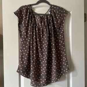 Gray with pink polka dots- flowy top with tie back